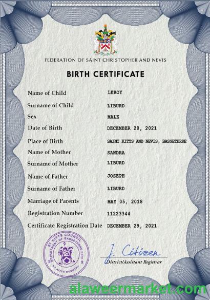 Saint Kitts vital record birth certificate PSD template